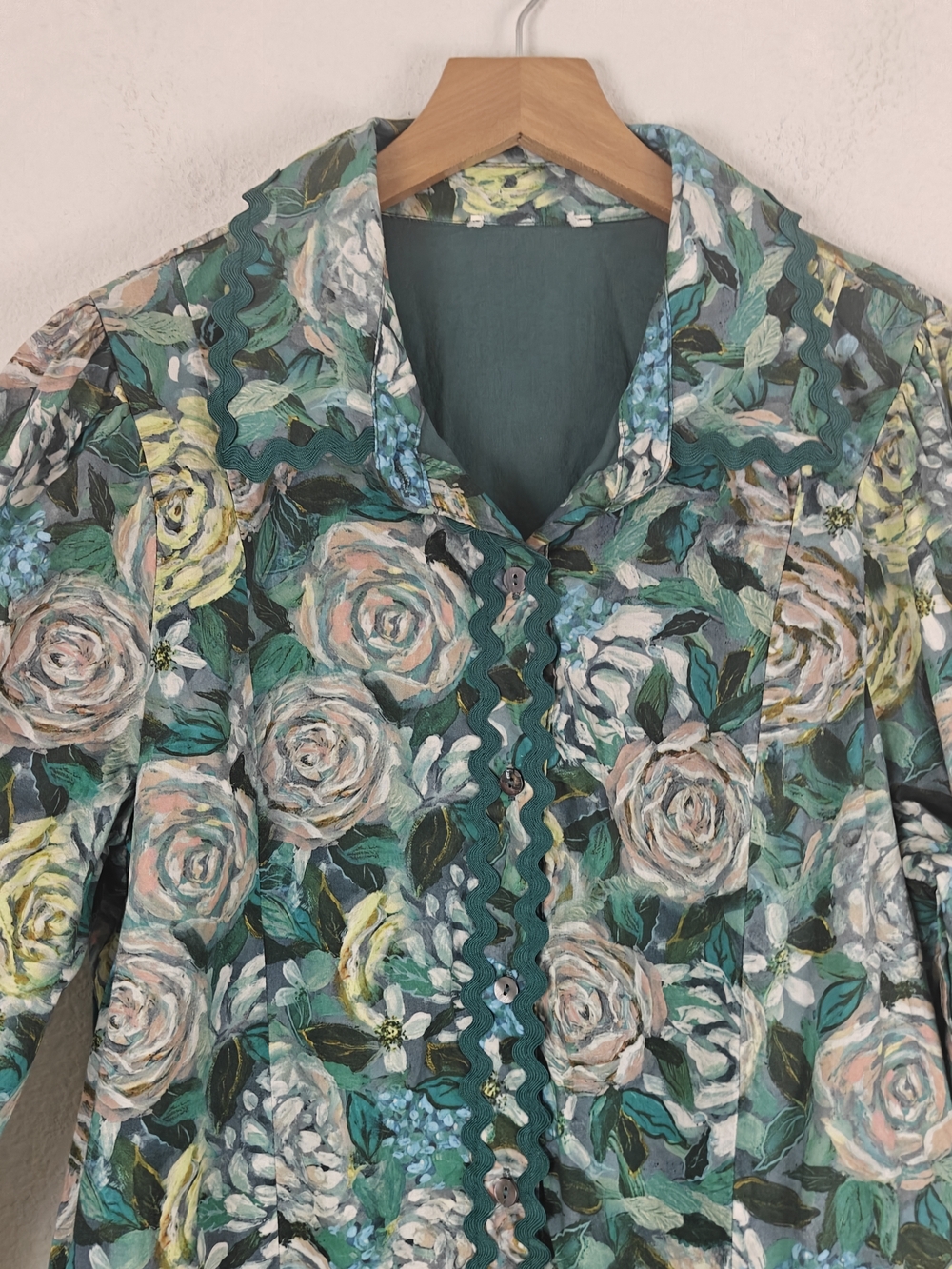 Cottagecore Green Floral Cotton Drop Waist Mini Dress Romantic Prairie Sz LG - Picture 12 of 16